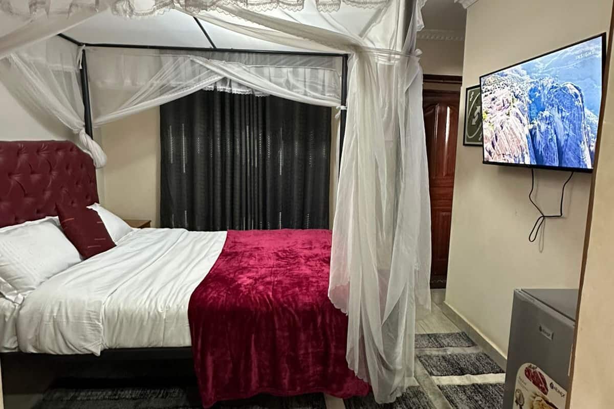 A hotel room with a bed, a TV, and a refrigerator.