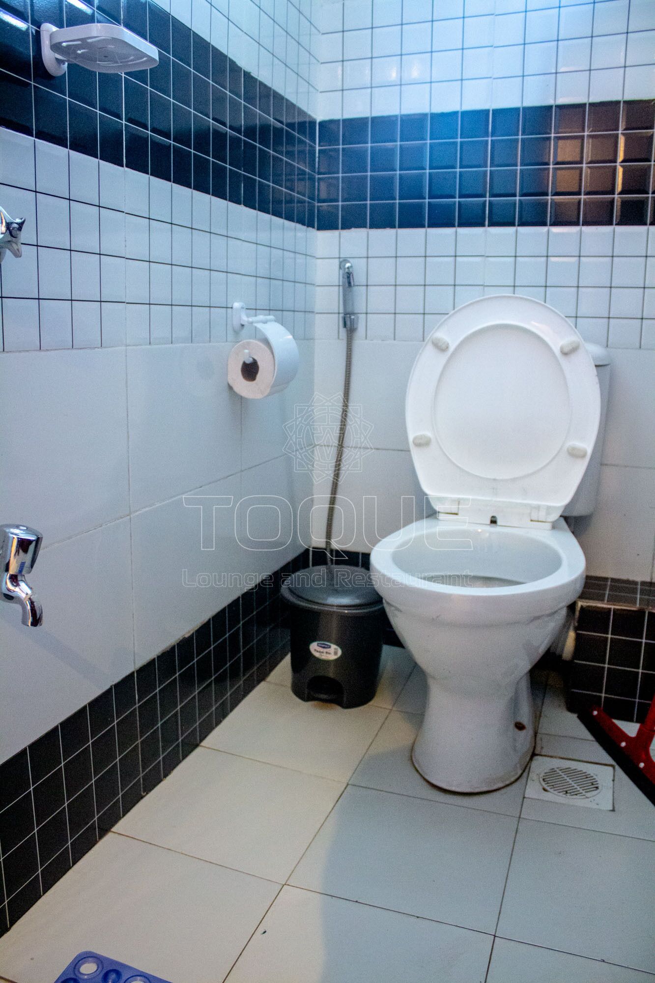 A bathroom with a toilet, a hand dryer, and a trash bin.