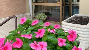 A building entrance with a glass door, a potted plant, and pink flowers in the foreground. - Oasi San Francesco (Rome)
