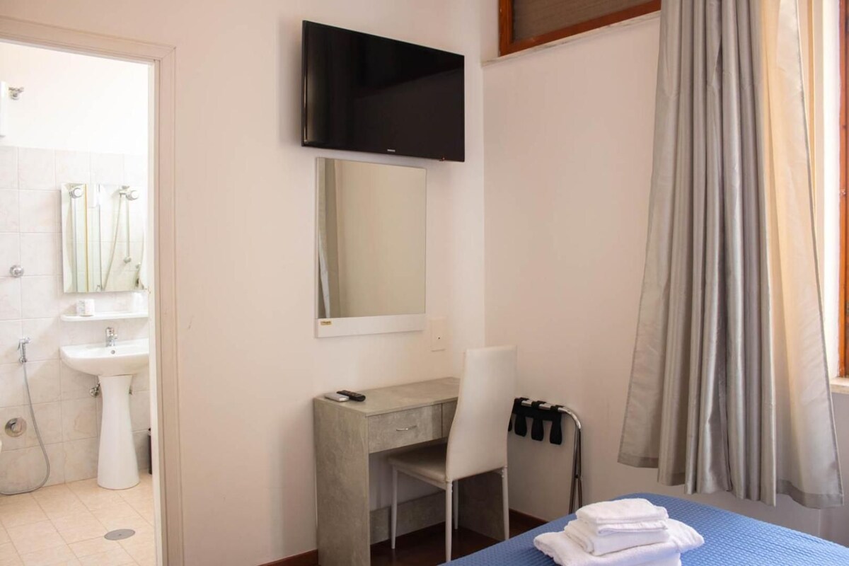 A hotel room with a bed, a desk, a chair, a TV, a mirror, a window with curtains, and a bathroom with a sink and shower.
