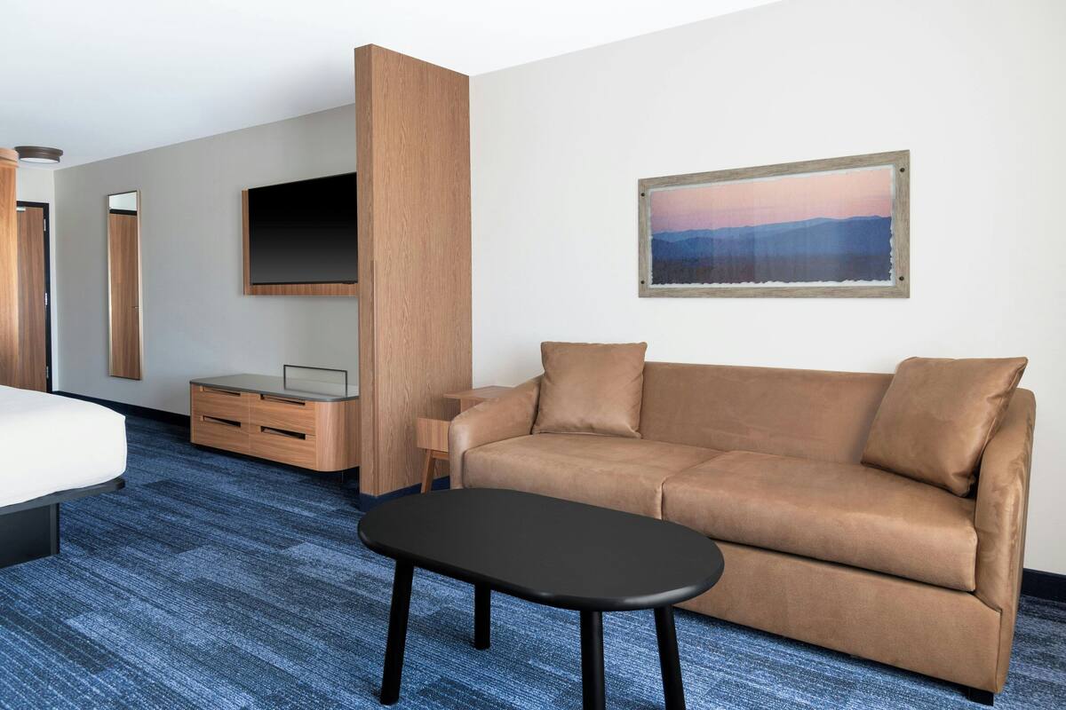 A modern hotel room with a brown sofa, a small black table, a wooden cabinet, a flat-screen TV, and a framed landscape painting on the wall.