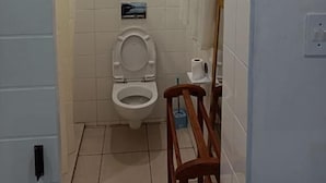 A small, tiled bathroom with a toilet, a wooden chair, and a shower curtain. - Danodeb Lodge  (Pietermaritzburg)