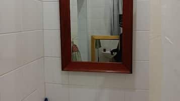 Shower, rainfall showerhead, hair dryer, heated floors