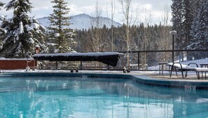 A swimming pool with a covered deck, surrounded by snow-covered trees and mountains in the background.