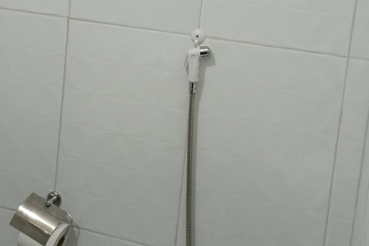 Ein Badezimmer mit weißen Fliesenwänden, einer Dusche inklusive Handbrause und einer Toilette mit Spülknopf.