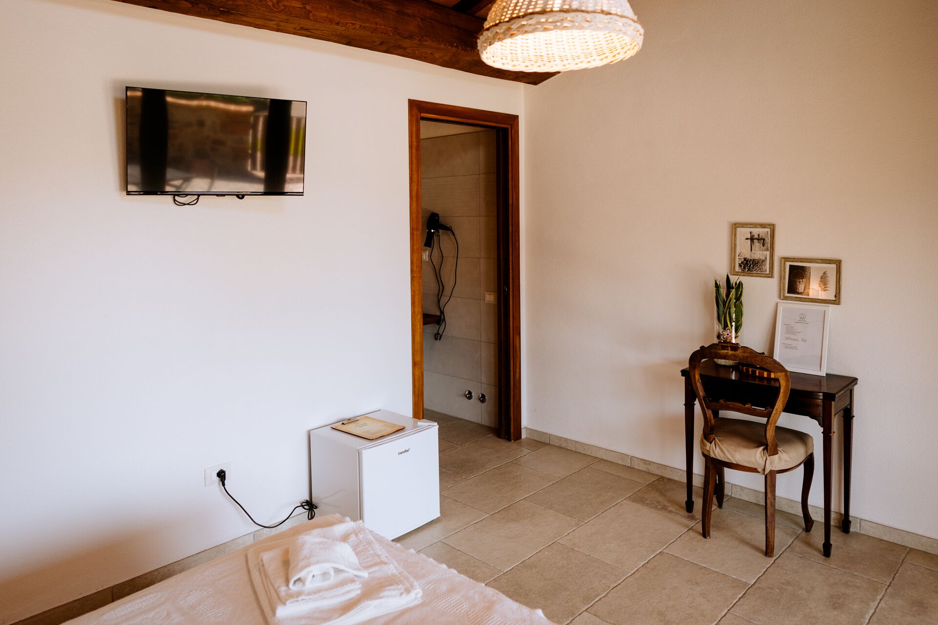 A hotel room with a bed, a desk with a chair, a television, and a shower area.