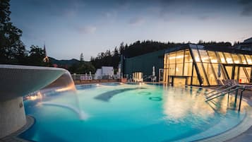 Indoor pool, outdoor pool, pool umbrellas