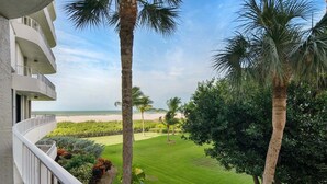 Un balcón con vista a una playa y palmeras.