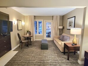 Smart TV, fireplace, books