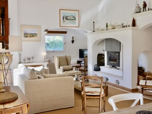 Smart TV, fireplace, DVD player, books