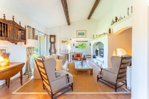 Smart TV, chimenea, reproductor de DVD y libros 