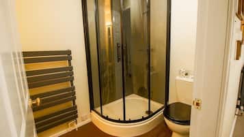 A shower enclosure with a glass door, a toilet, and a radiator.