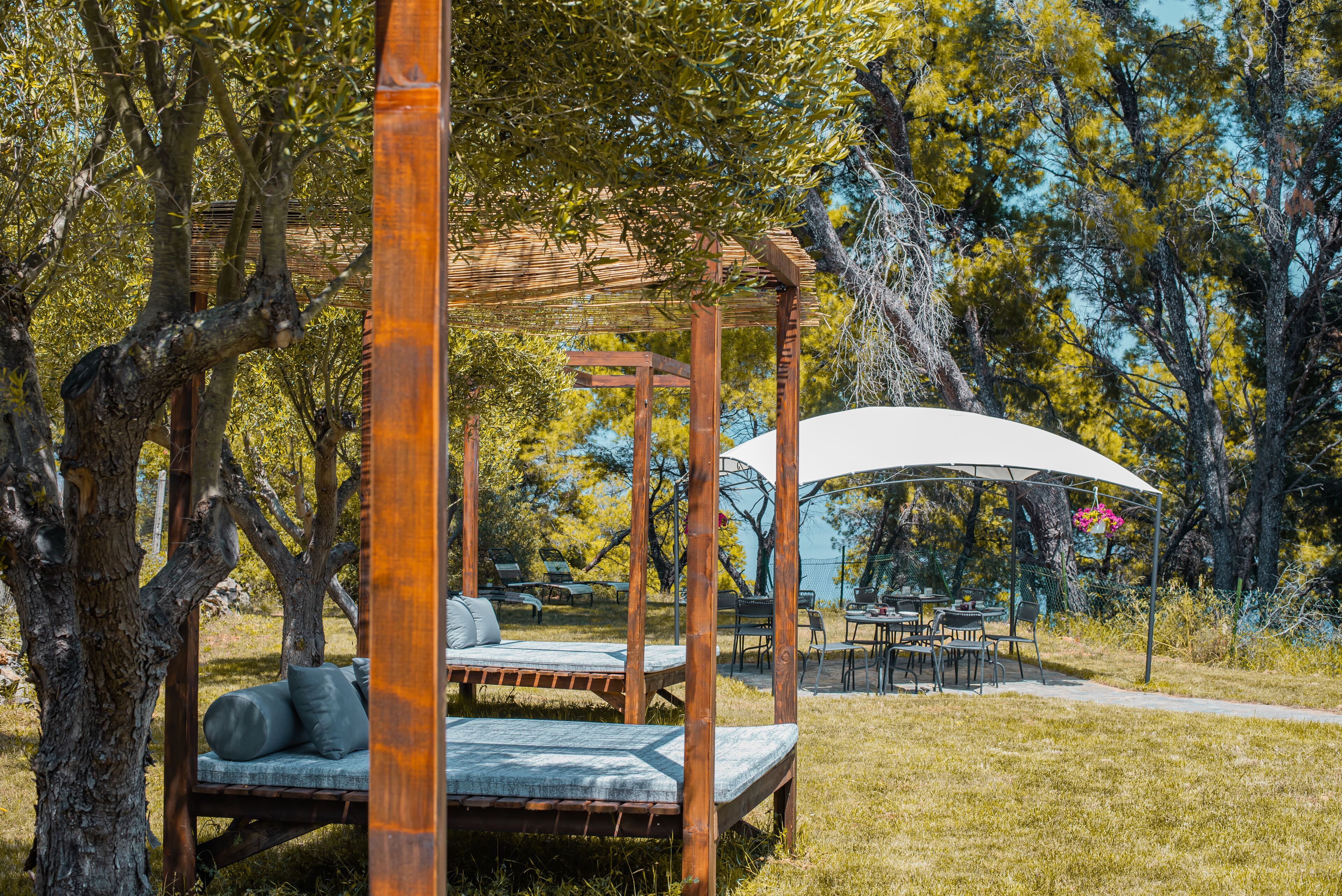 Une pergola en bois avec un espace salon couvert et des tables, entourée d’arbres et d’herbe.