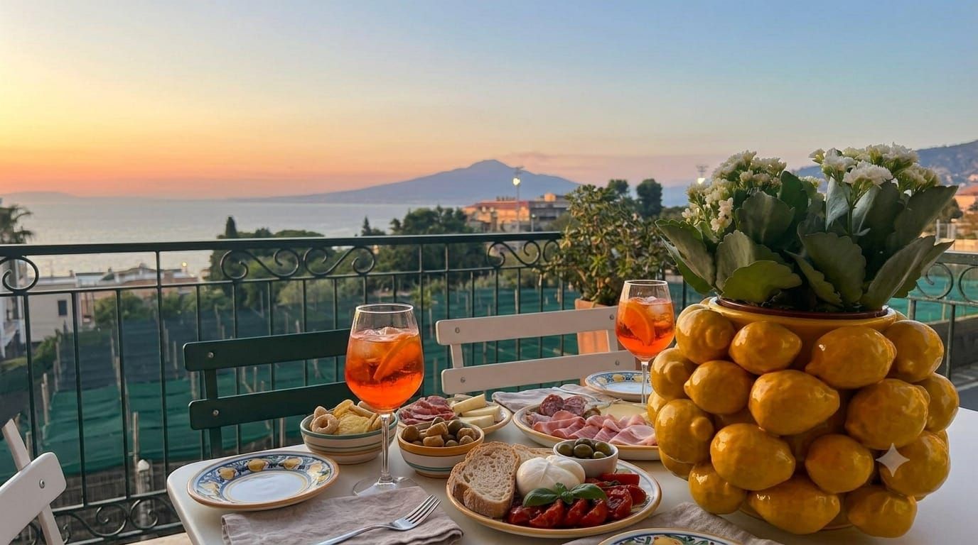 A table set with food and drinks on a balcony overlooking a body of water and a mountain.