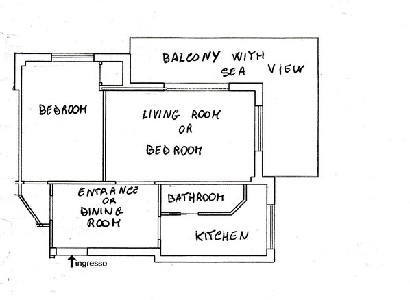 A floor plan with a bedroom, living room or bedroom, balcony with sea view, entrance or dining room, bathroom, and kitchen.