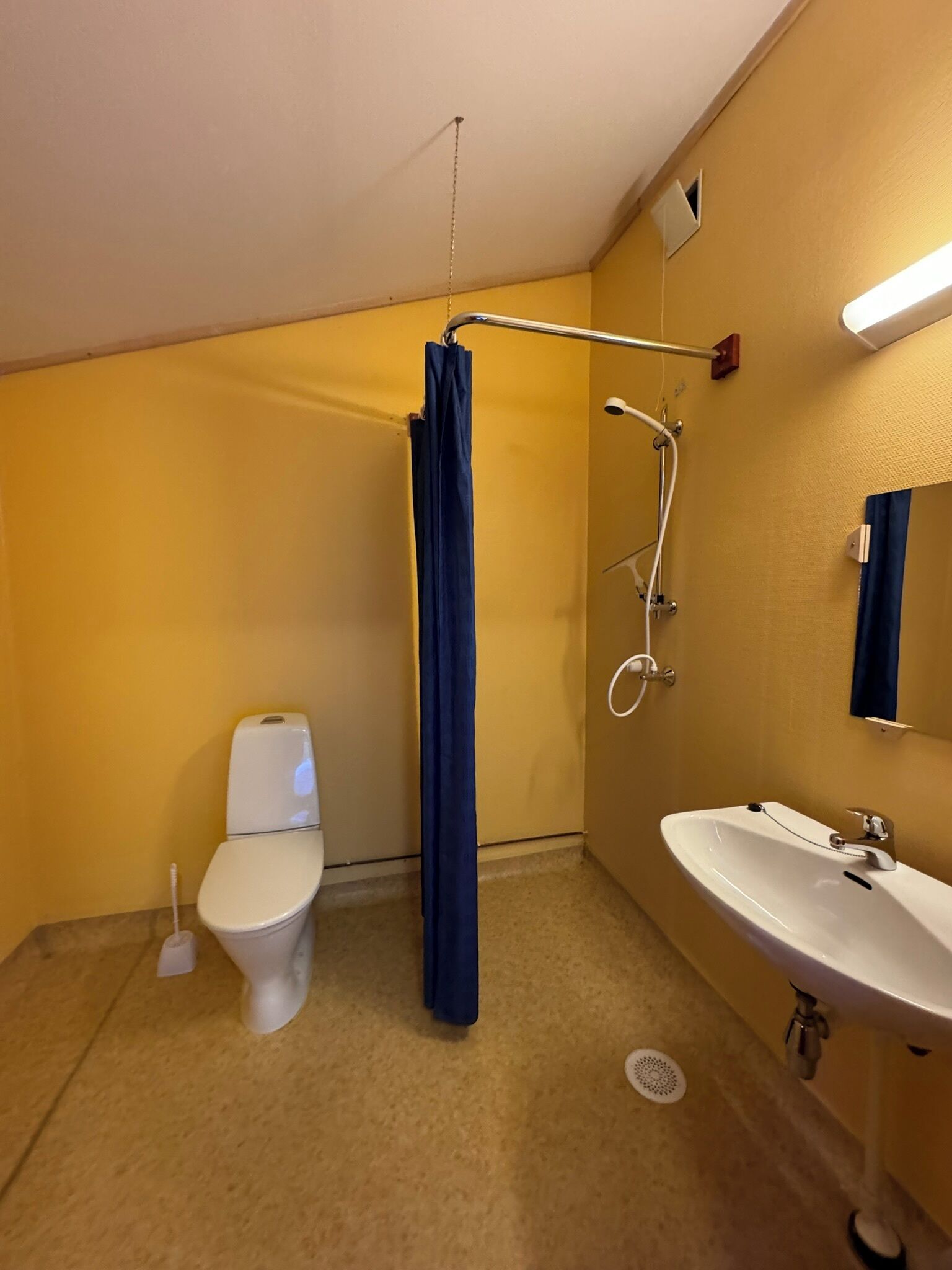 A small bathroom with a toilet, a shower with a curtain, a sink, and a mirror.
