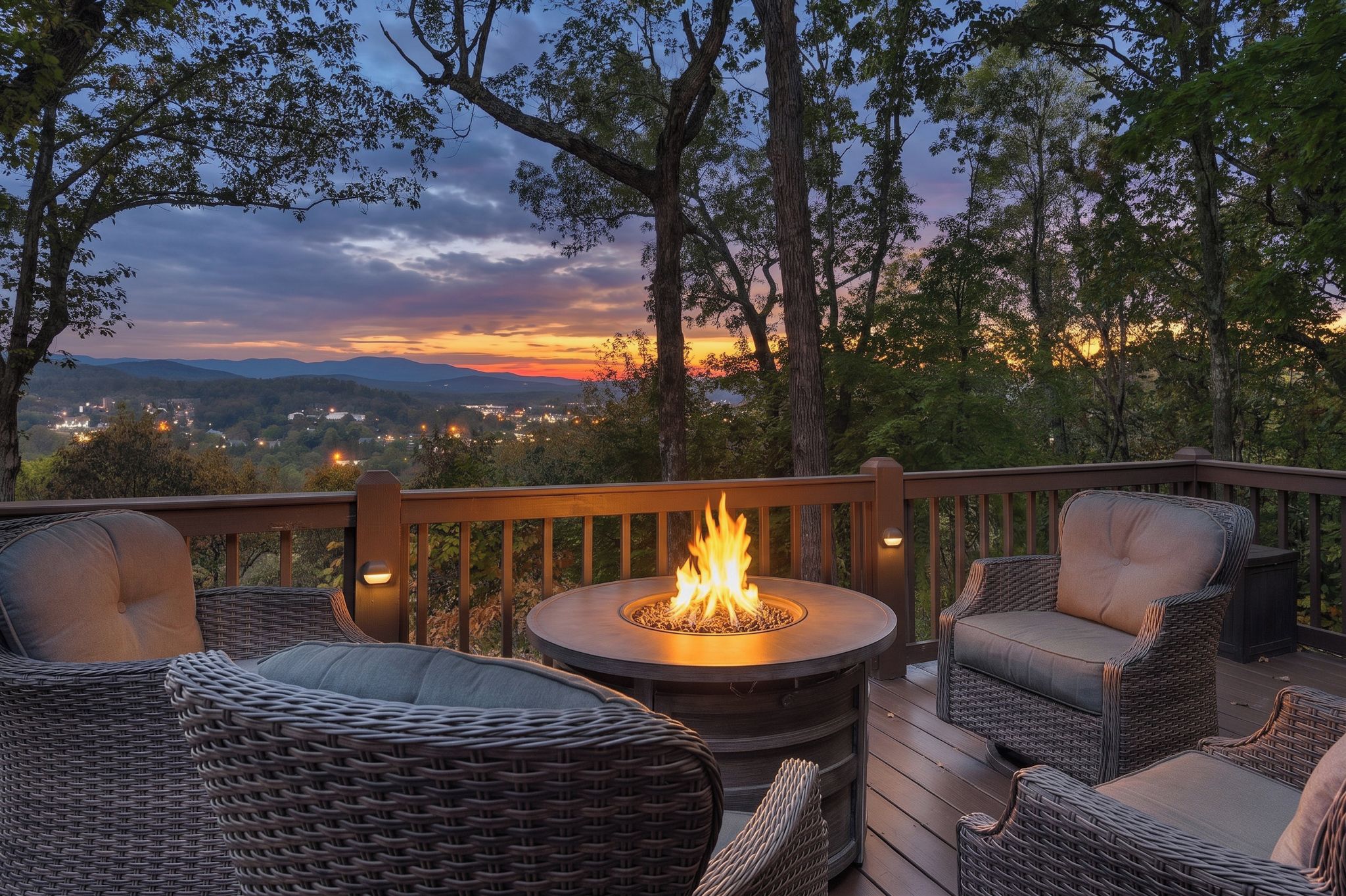 An outdoor deck with wicker furniture and a central fire pit, overlooking a scenic landscape.