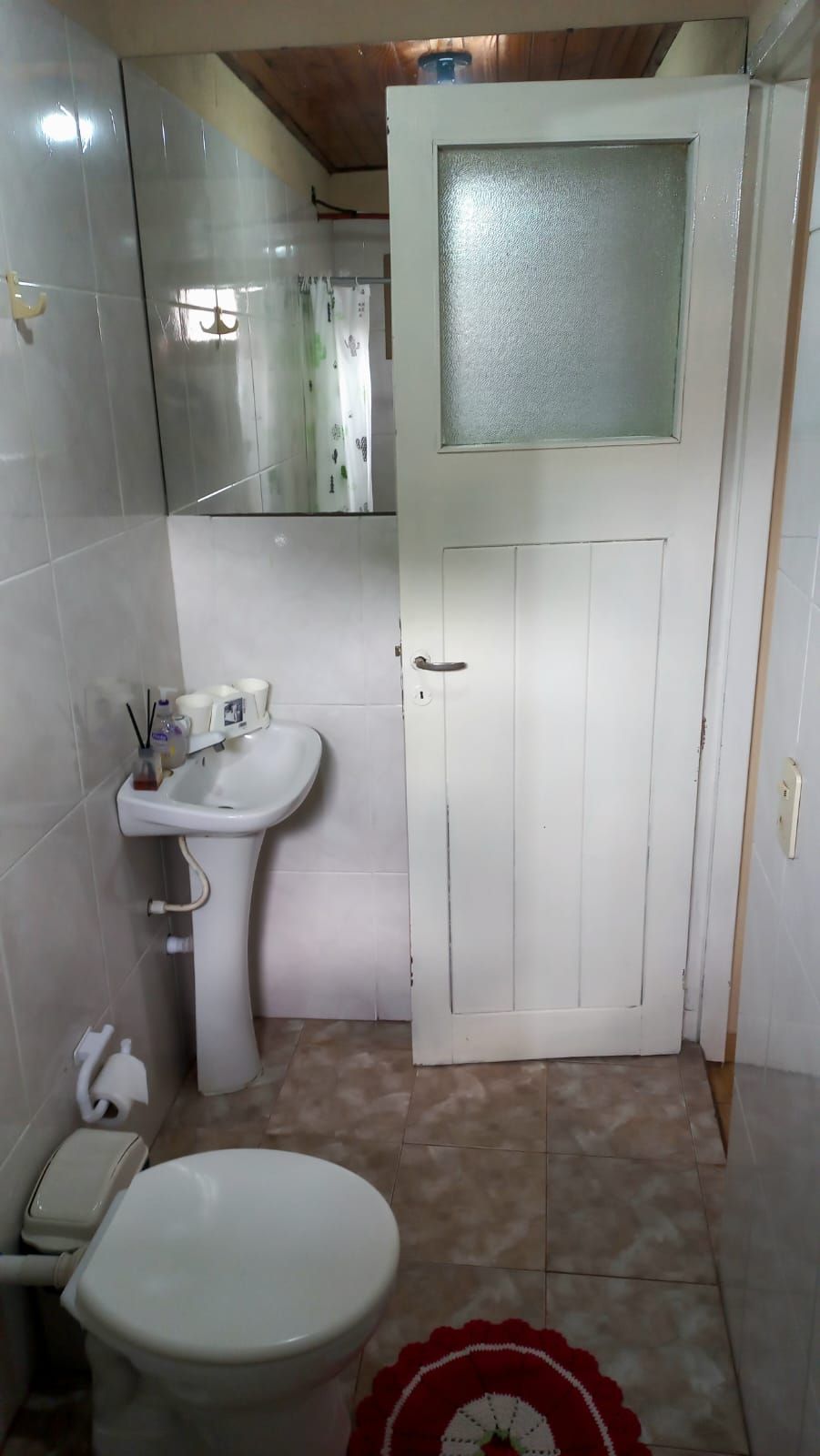 Een badkamer met toilet, wastafel en een deur met ruitverdeling.