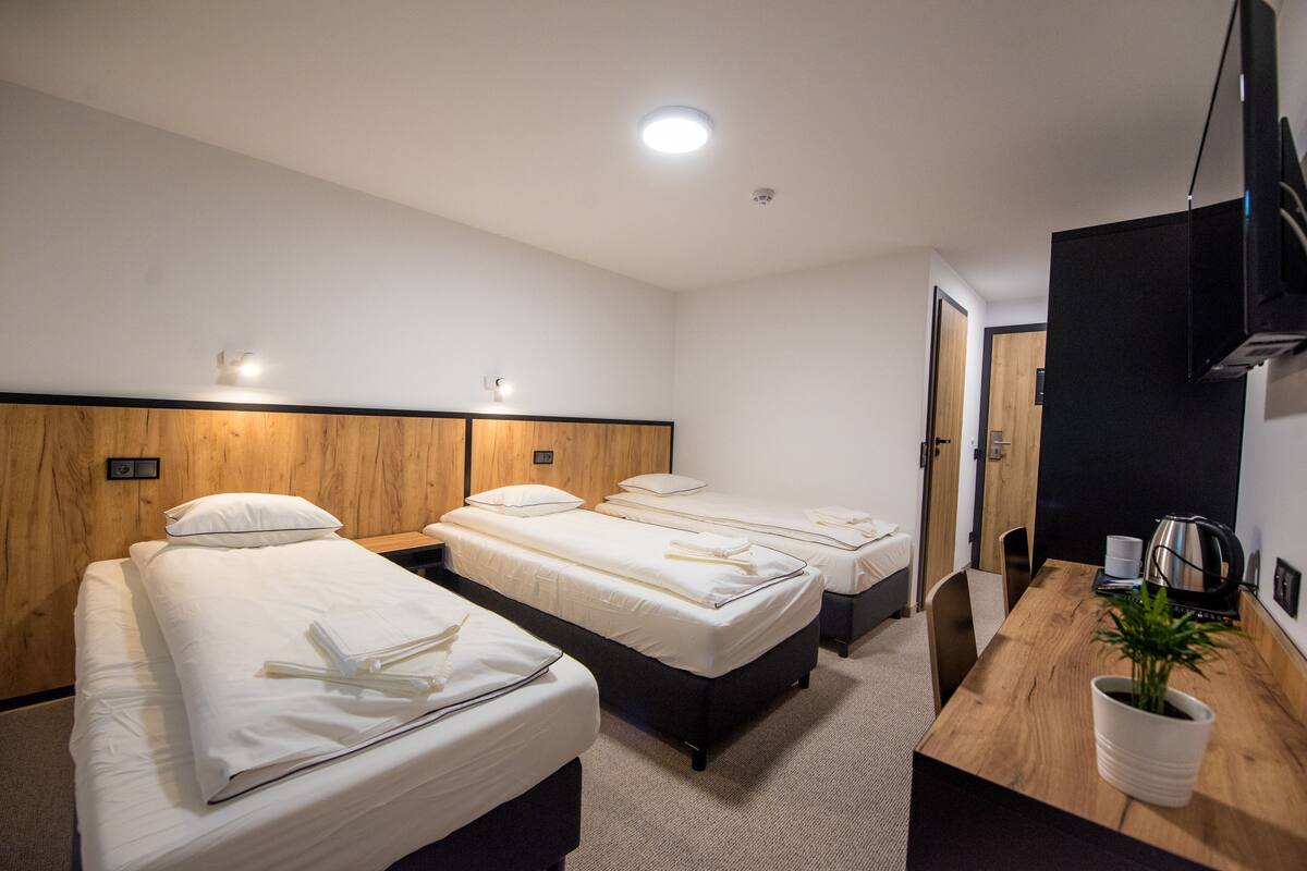 A hotel room with three beds, a wooden headboard, a desk with a plant, and a flat-screen TV.