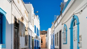 Una calle empedrada estrecha bordeada por edificios con puertas y ventanas azules.