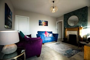 TV connectée, cheminée, livres, vidéothèque