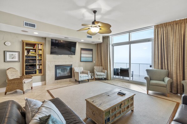 Flat-screen TV, fireplace