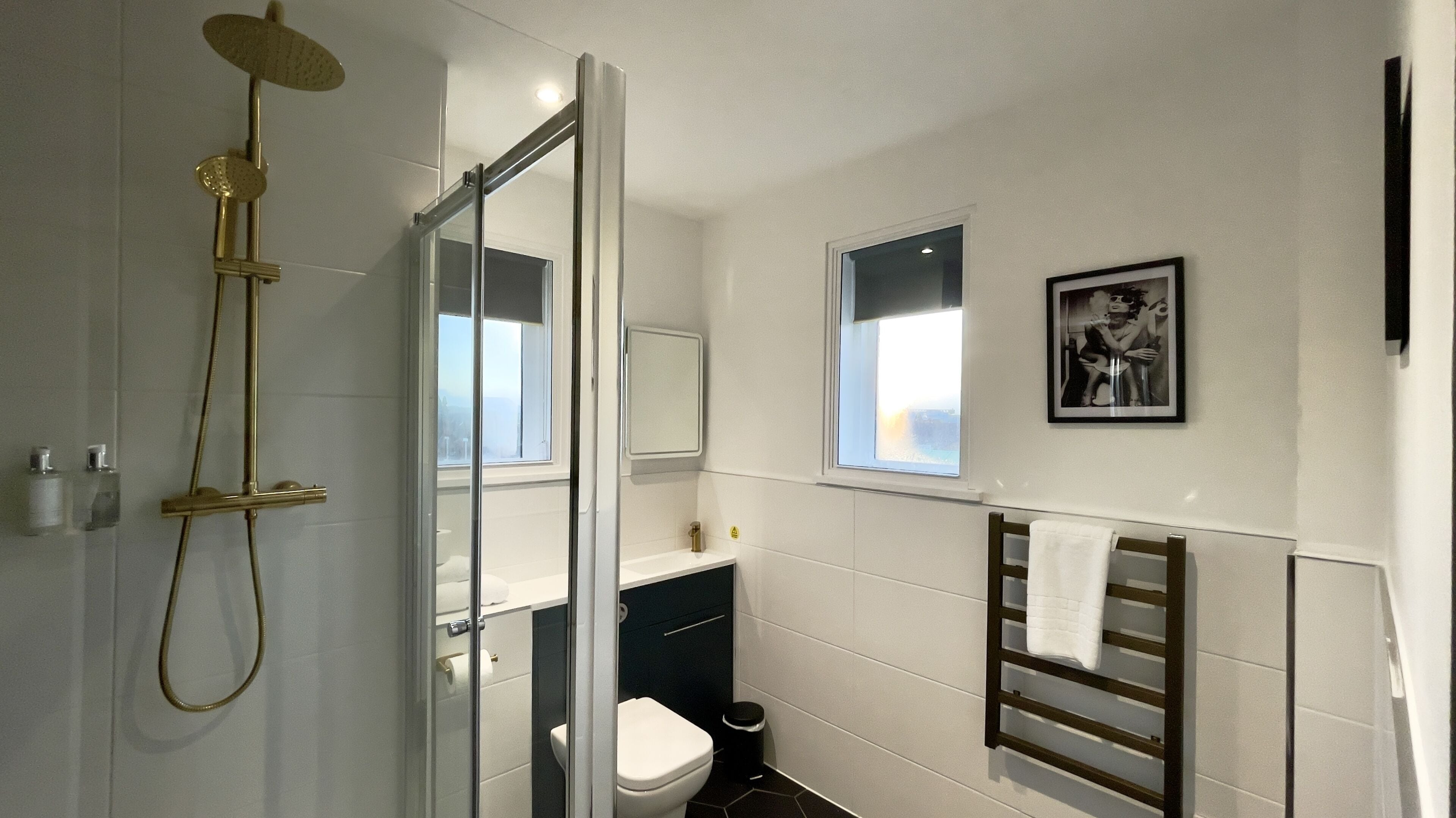 A modern bathroom with a glass shower enclosure, a toilet, a sink, and a towel rack.