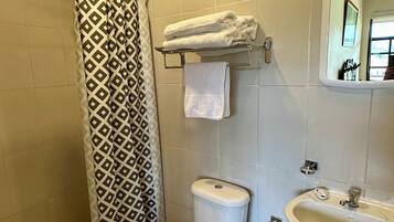 A bathroom with a shower, toilet, sink, and a towel rack.