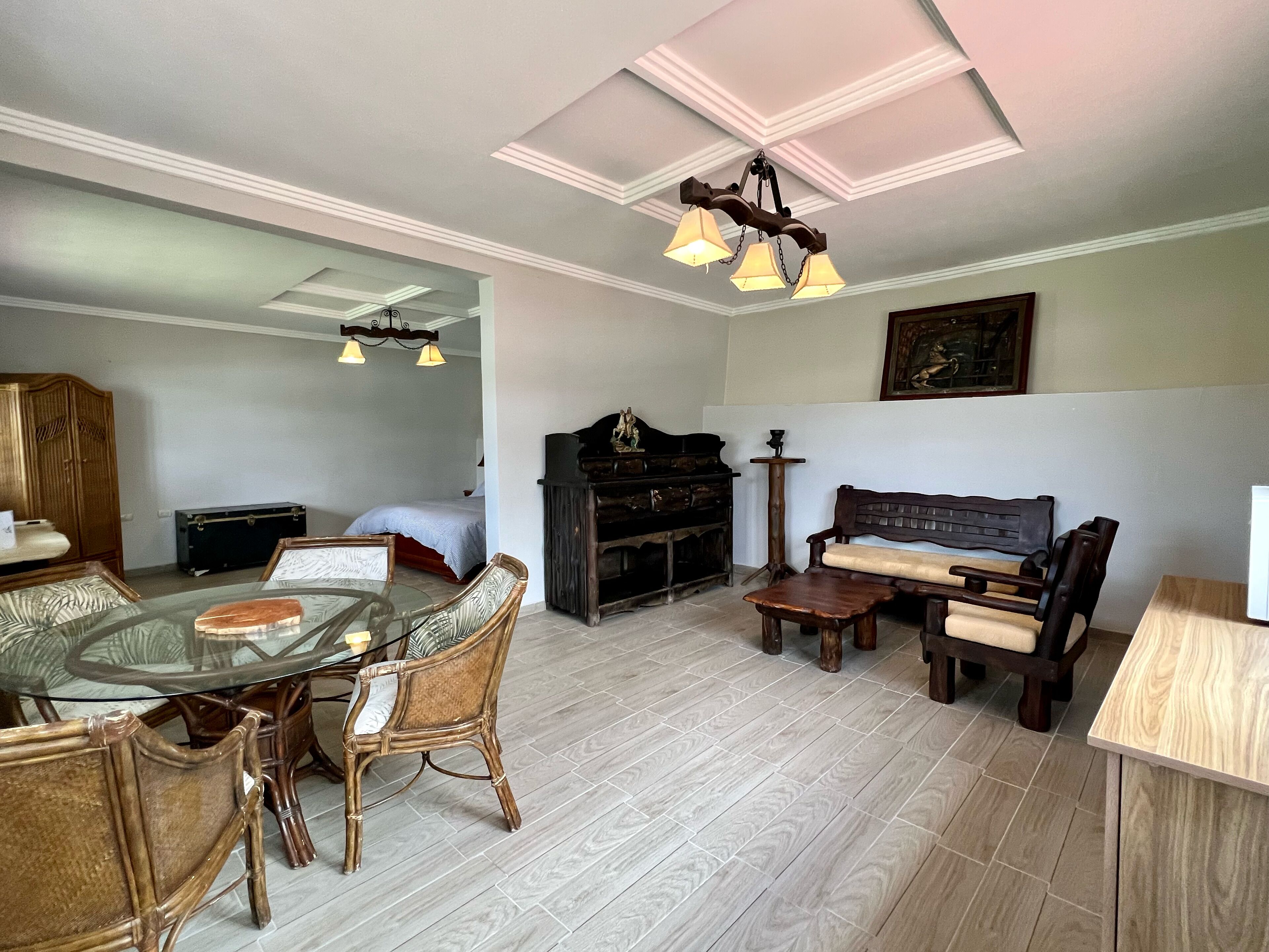 Un salon comprenant une table à manger en verre, des chaises en osier, un banc en bois, un buffet en bois foncé et un luminaire suspendu au plafond.