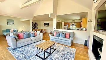 Smart TV, fireplace, DVD player, stereo