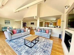 Smart TV, fireplace, DVD player, stereo