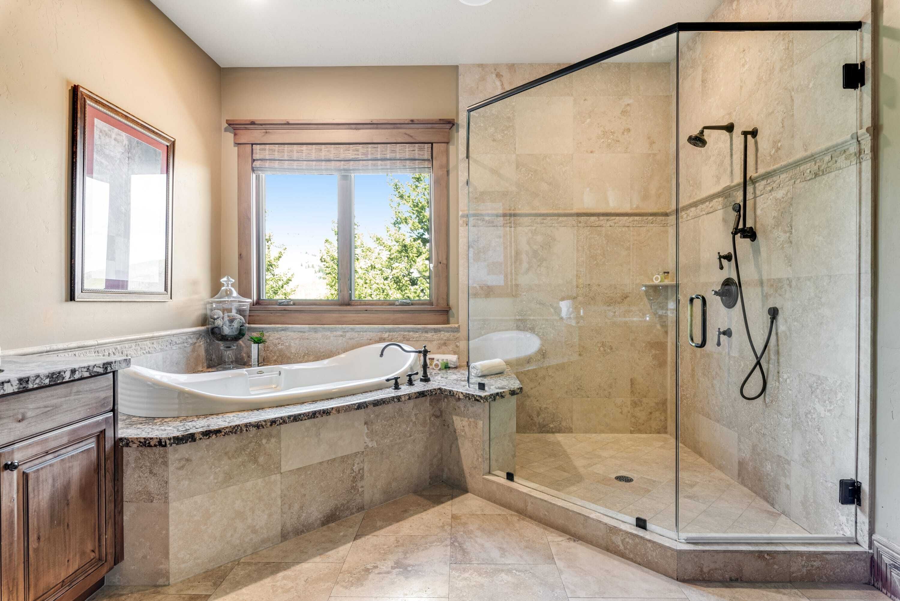 Bathtub, hair dryer, towels, soap