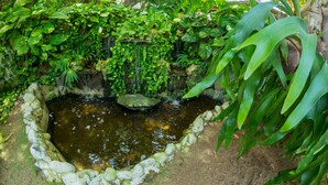 A small pond with a waterfall, surrounded by lush greenery and rocks. - Portoazul Casa de Playa (Puerto Colombia)