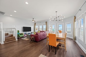 Smart TV, fireplace, DVD player, books