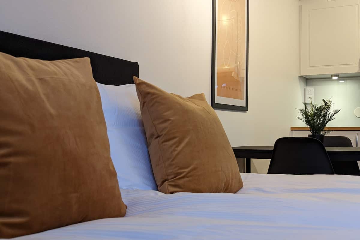 A neatly made bed with two large pillows, a framed picture on the wall, and a small table with a plant.