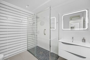 Shower, hair dryer, bidet, towels