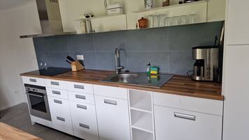 Frigorífico, microondas, horno y placa de cocina