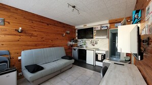 Un espace de vie compact comprenant un coin cuisine, un canapé et une table à manger.