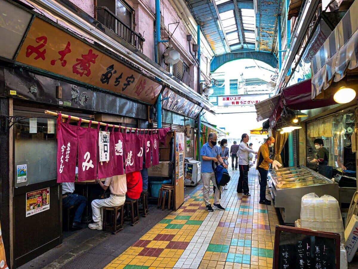 A narrow alley with shops on both sides, a tiled floor, and a covered walkway overhead.
