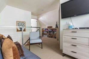 Smart TV, fireplace, DVD player, books