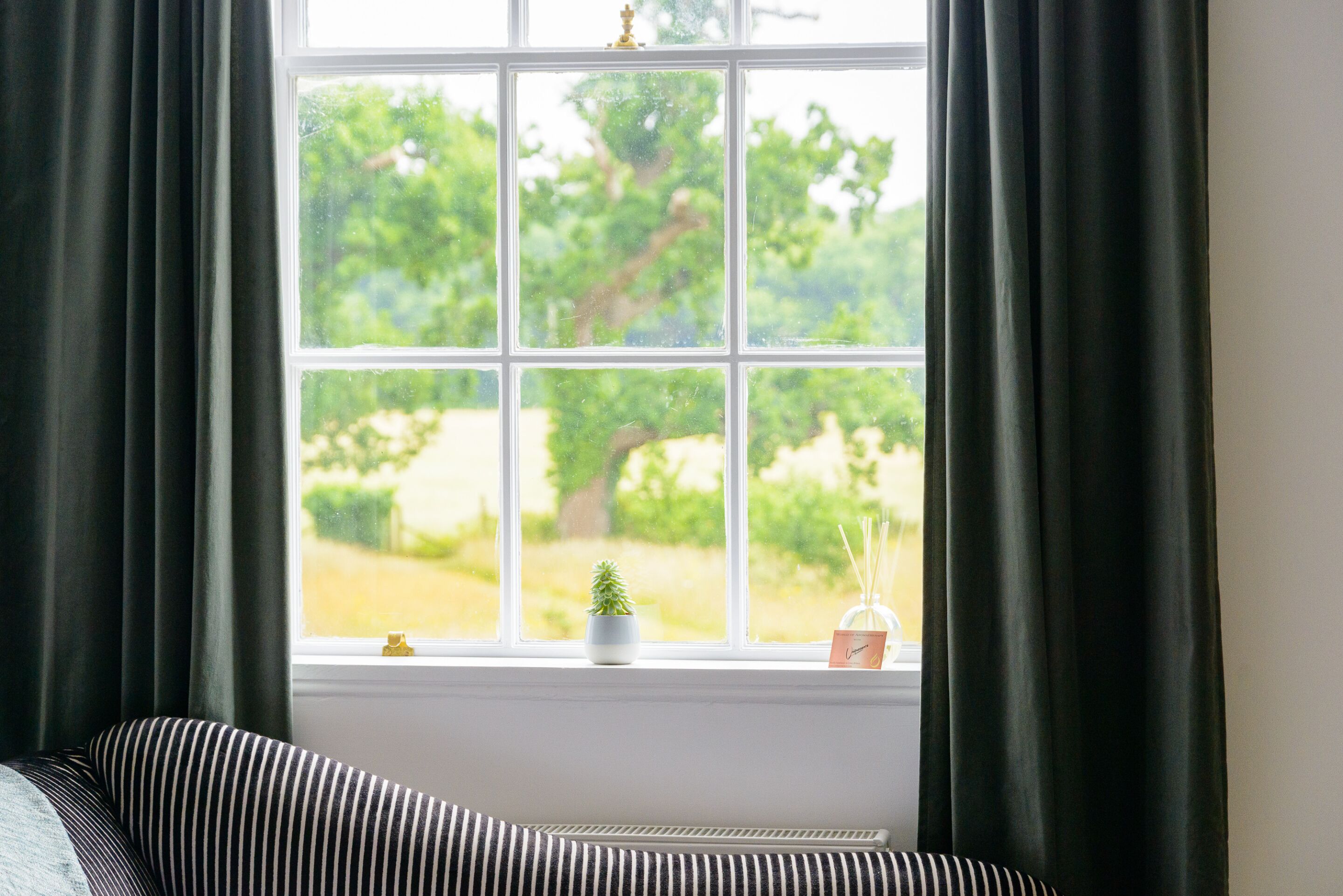 A room with a large window, a small potted plant, and a candle on the windowsill.