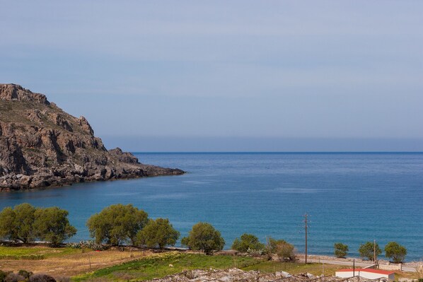 A coastal landscape with rocky cliffs, a clear blue sea, and scattered trees.