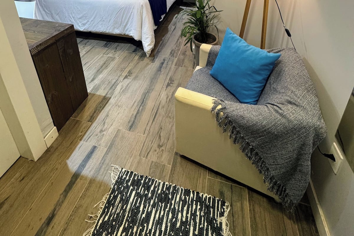 A hotel room with a bed, a sofa, a small table, a lamp, and a potted plant.