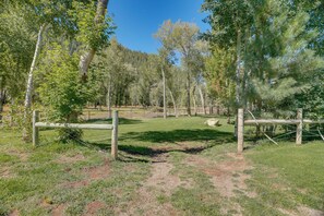 A fenced outdoor area with a grassy path, trees, and a wooden structure. - Dolores Ranch Cabin w/ Hot Tub & 1-Acre Yard! (Dolores)