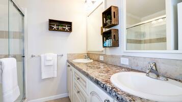 Hair dryer, towels, soap