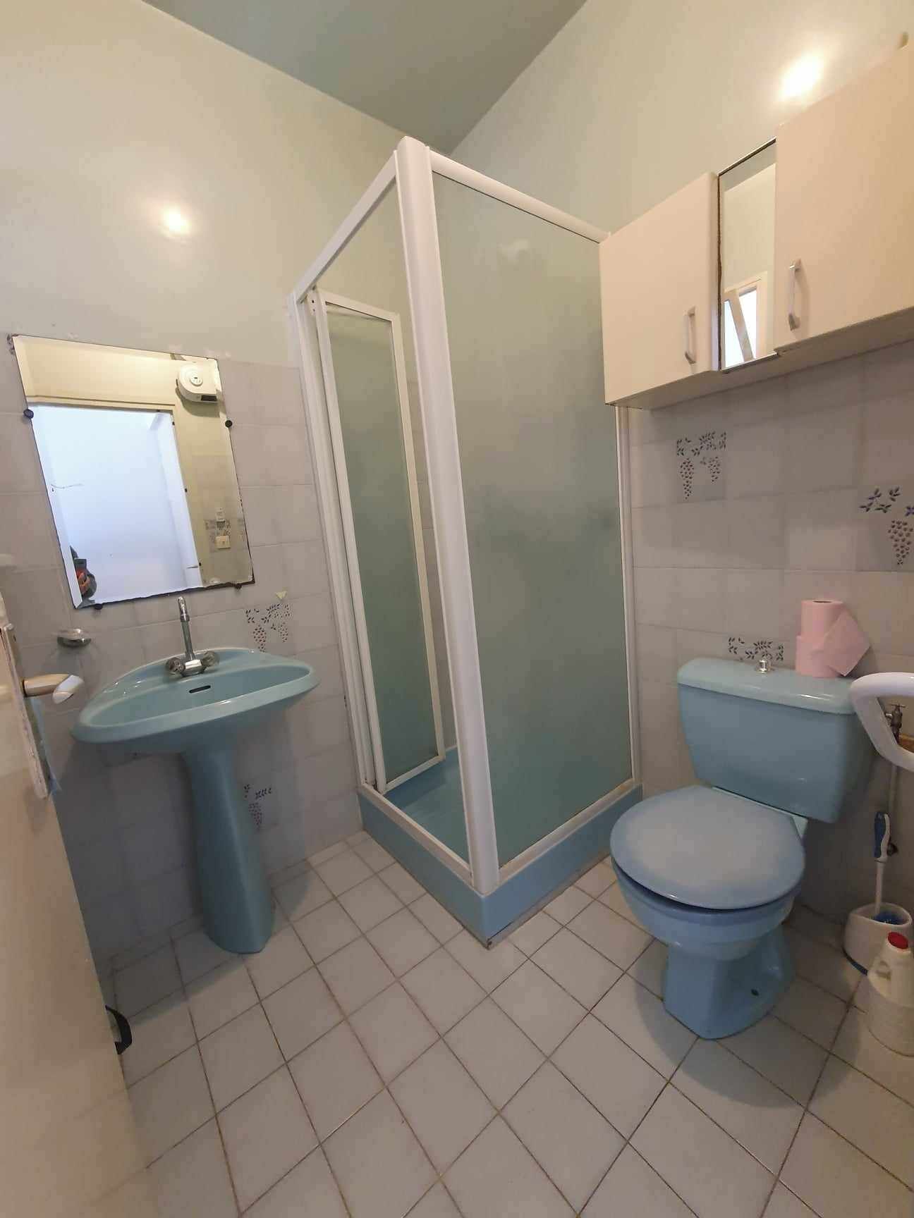 A bathroom with a sink, toilet, and shower enclosure.