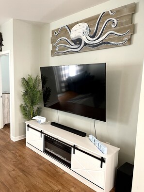 TV connectée, cheminée, livres