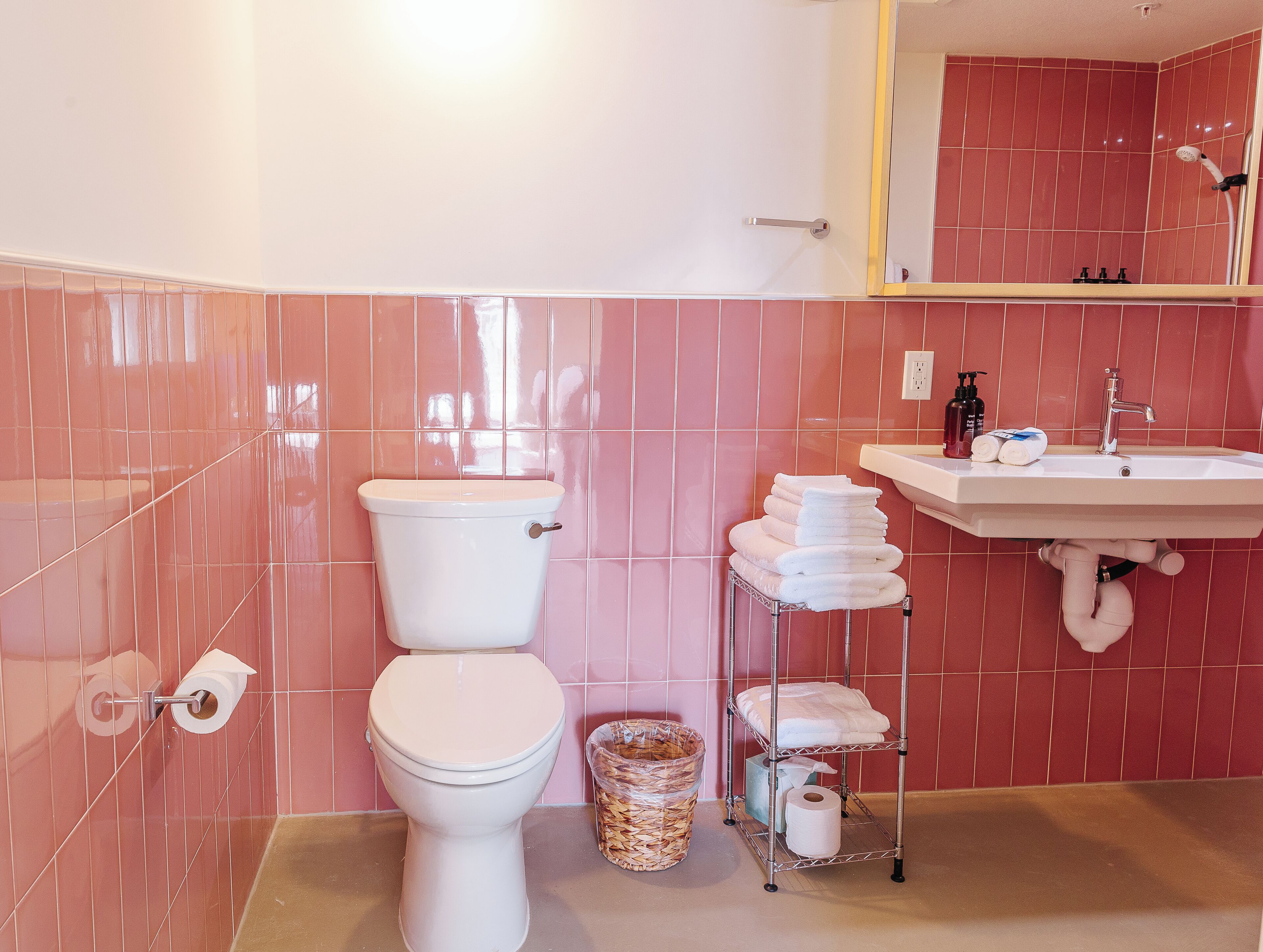 Une salle de bain avec des toilettes, un lavabo et un miroir.