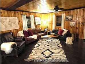 Smart TV, fireplace, foosball, books