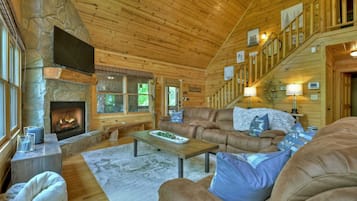 TV, fireplace, books, offices